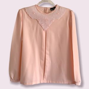 Cute Pastel Pink Long Sleeve Lace Bib Blouse